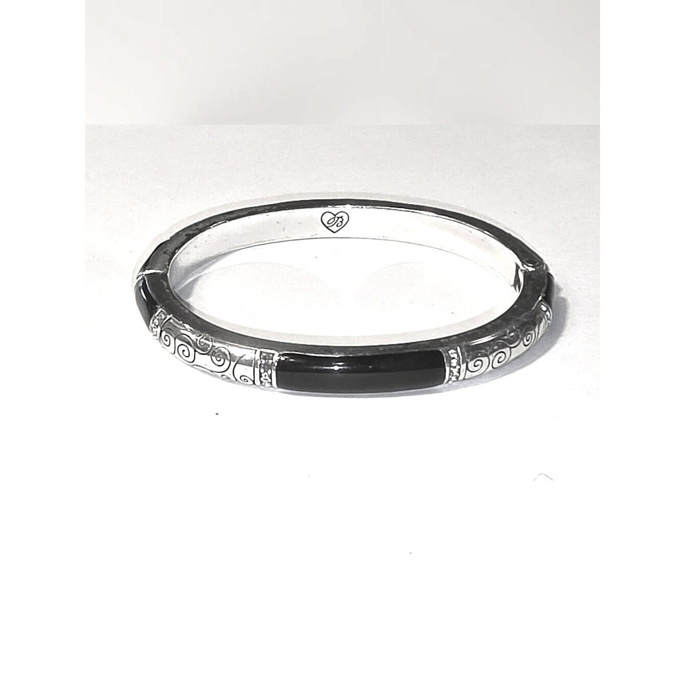 Brighton Silver Plated Black Enamel Scroll Hinged Bangle Bracelet